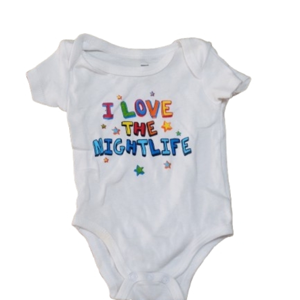 Playful White Bodysuit with Vibrant Nightlife Design